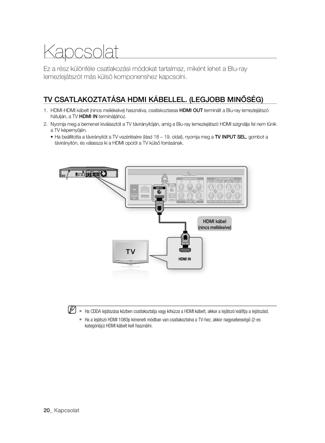 Samsung BD-P2500/XEE, BD-P2500/EDC, BD-P2500/XEF manual Kapcsolat, TV Csatlakoztatása Hdmi KÁBELLEL. Legjobb Minőség 