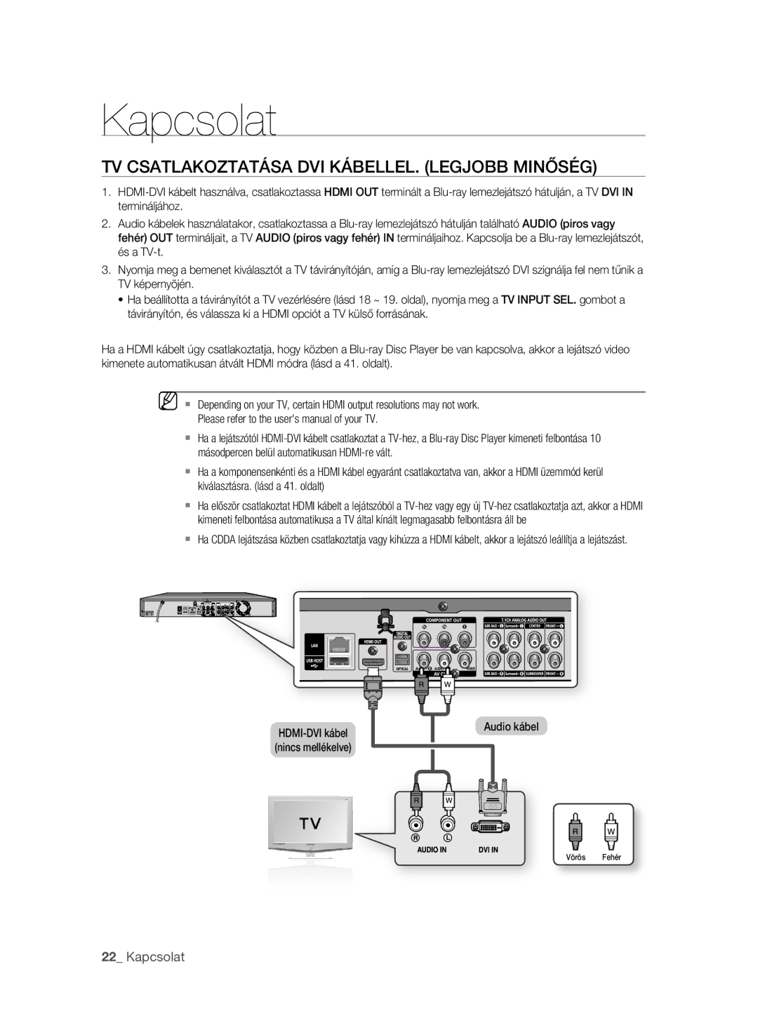 Samsung BD-P2500/XEF, BD-P2500/EDC, BD-P2500/XEE manual TV Csatlakoztatása DVI KÁBELLEL. Legjobb Minőség, Audio kábel 