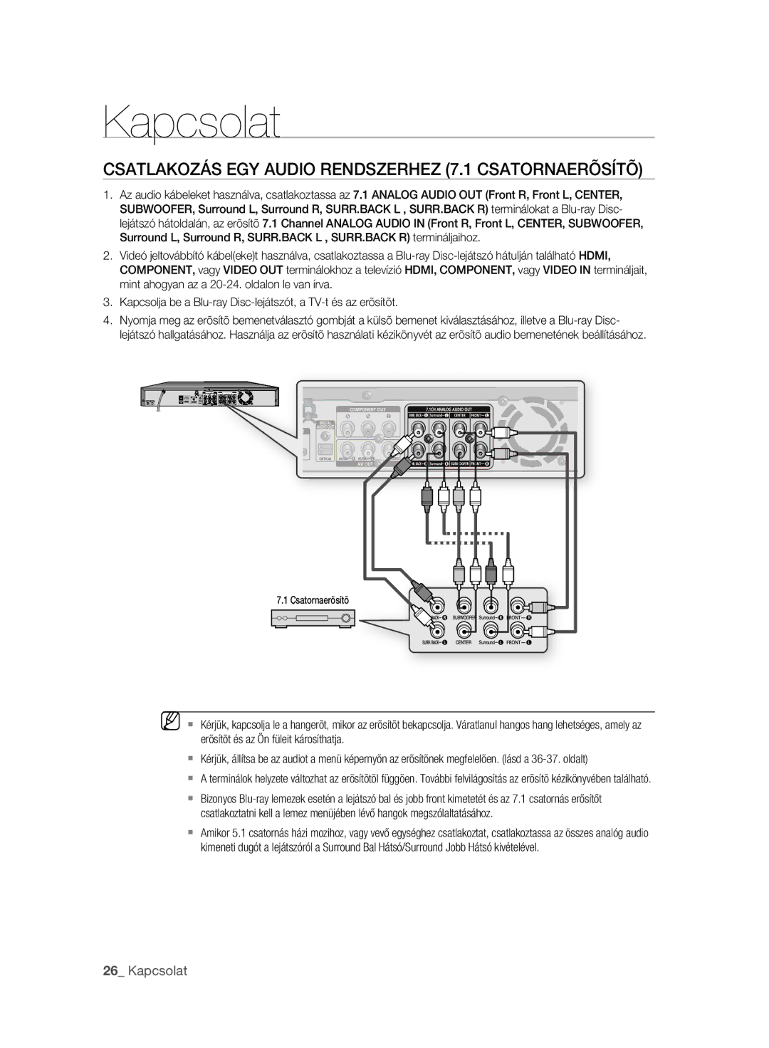 Samsung BD-P2500/XEE, BD-P2500/EDC, BD-P2500/XEF manual Csatlakozás EGY Audio Rendszerhez 7.1 Csatornaerõsítõ 