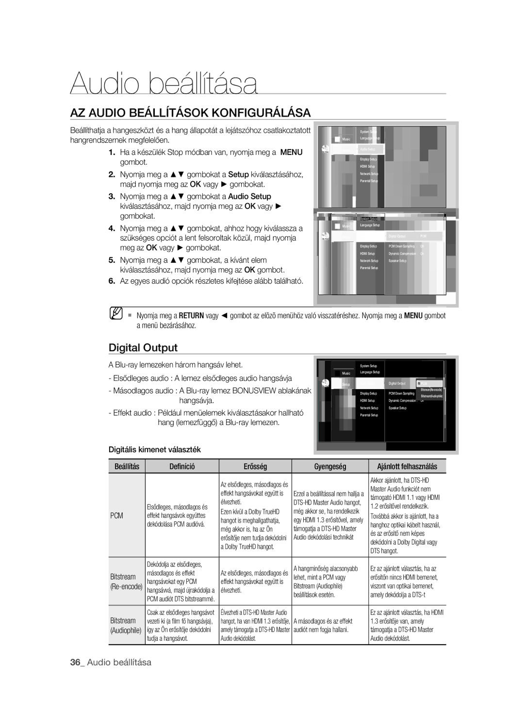 Samsung BD-P2500/EDC, BD-P2500/XEF, BD-P2500/XEE Audio beállítása, AZ Audio Beállítások Konfigurálása, Digital Output, Pcm 