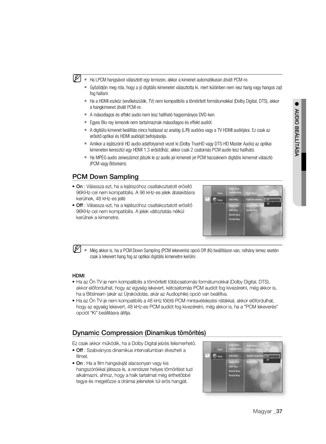 Samsung BD-P2500/XEF, BD-P2500/EDC manual PCM Down Sampling, Dynamic Compression Dinamikus tömörítés, Hdmi, Audio Beállítása 