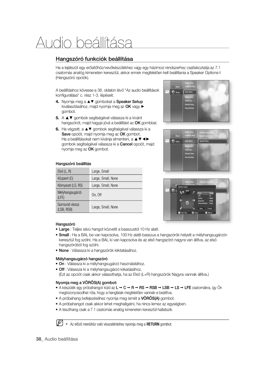 Samsung BD-P2500/XEE, BD-P2500/EDC, BD-P2500/XEF manual Hangszóró funkciók beállítása, Lfe, Lsb, Rsb 