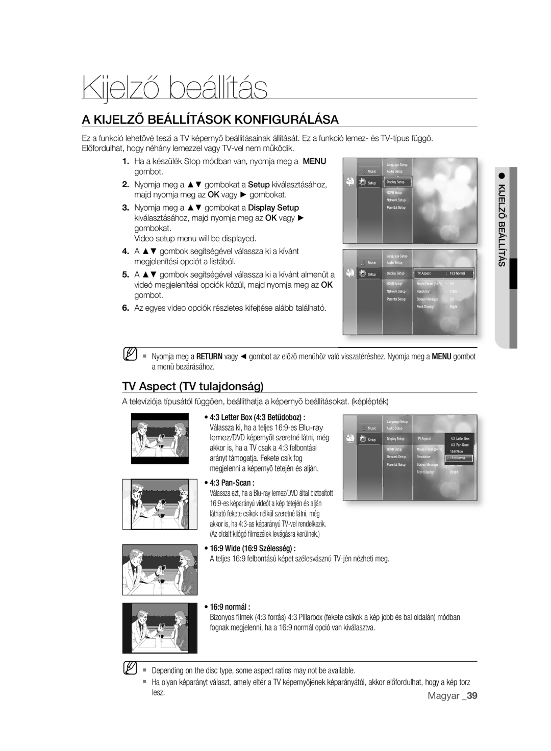 Samsung BD-P2500/EDC, BD-P2500/XEF manual Kijelző beállítás, Kijelző Beállítások Konfigurálása, TV Aspect TV tulajdonság 