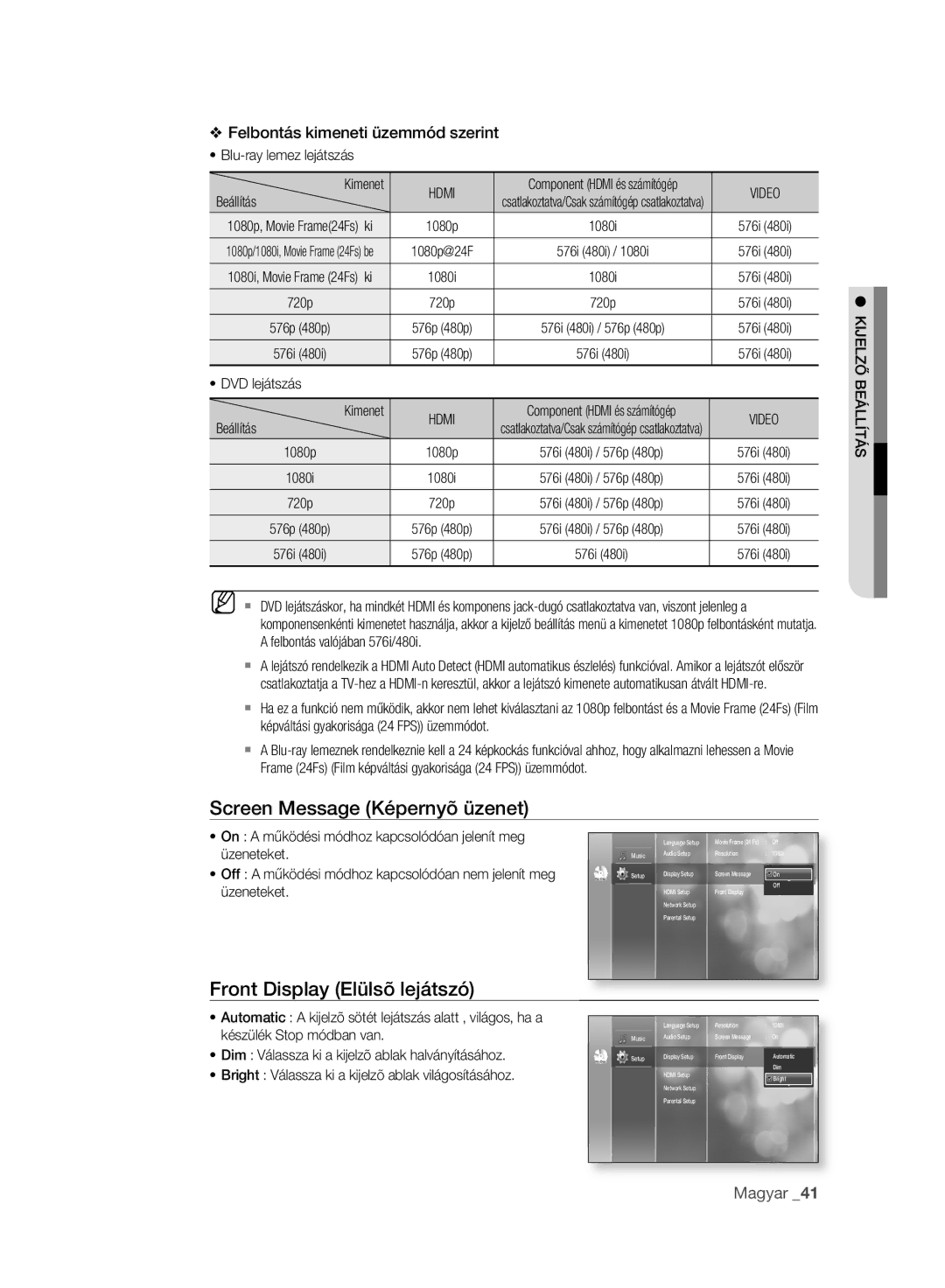 Samsung BD-P2500/XEE, BD-P2500/EDC, BD-P2500/XEF manual Screen Message Képernyõ üzenet, Front Display Elülsõ lejátszó, Video 