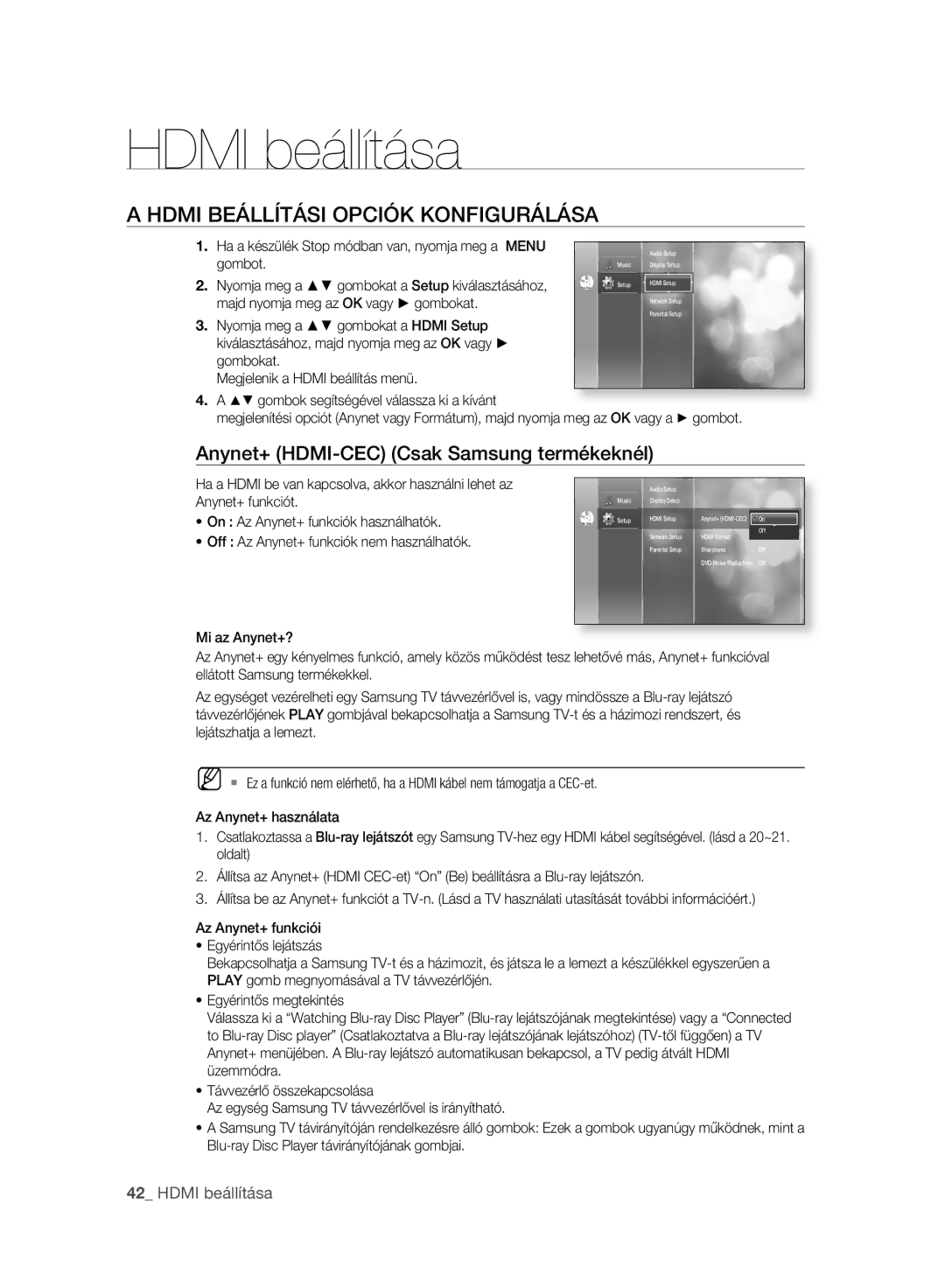 Samsung BD-P2500/EDC Hdmi beállítása, Hdmi Beállítási Opciók Konfigurálása, Anynet+ HDMI-CEC Csak Samsung termékeknél 