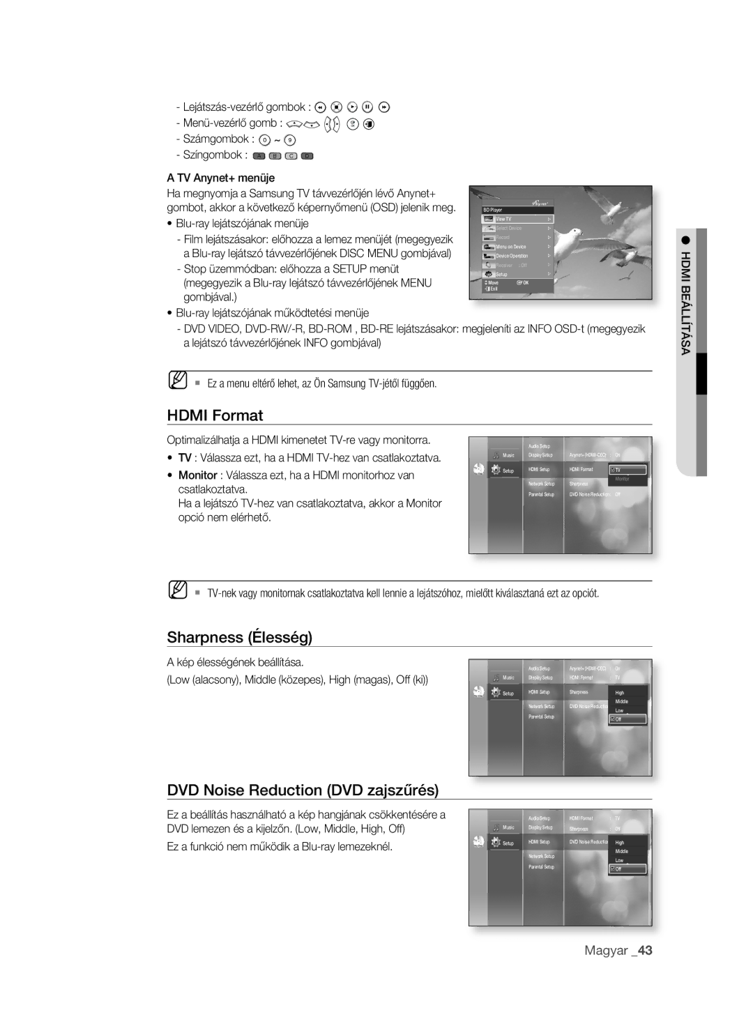 Samsung BD-P2500/XEF, BD-P2500/EDC, BD-P2500/XEE manual Hdmi Format, Sharpness Élesség, DVD Noise Reduction DVD zajszűrés 