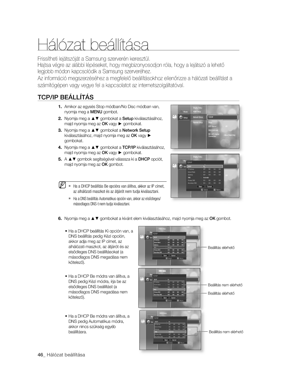 Samsung BD-P2500/XEF, BD-P2500/EDC, BD-P2500/XEE manual TCP/IP Beállítás, 46 Hálózat beállítása 