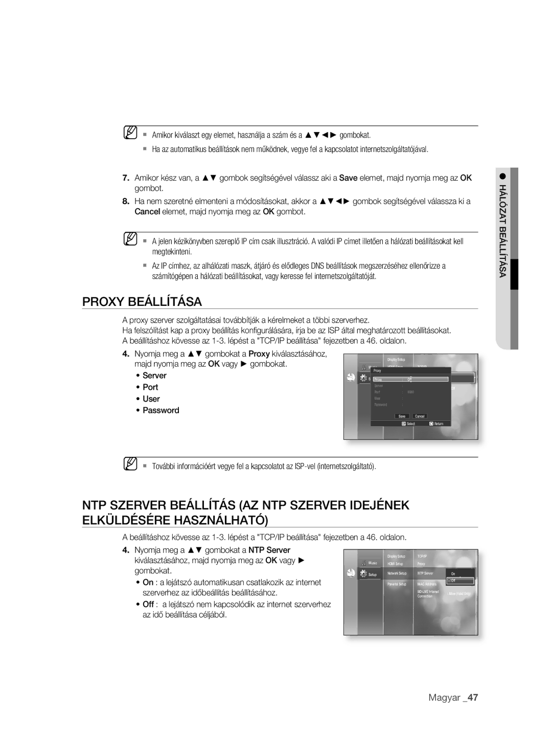 Samsung BD-P2500/XEE, BD-P2500/EDC, BD-P2500/XEF manual Proxy Beállítása, Hálózat Beállítása 