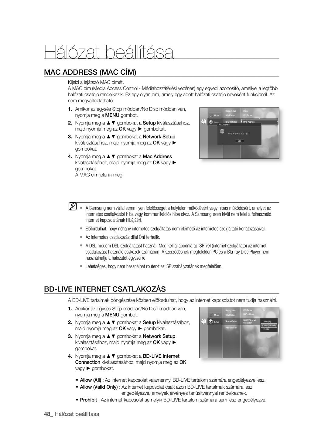 Samsung BD-P2500/EDC, BD-P2500/XEF manual MAC Address MAC CÍM, BD-LIVE Internet Csatlakozás, 48 Hálózat beállítása 