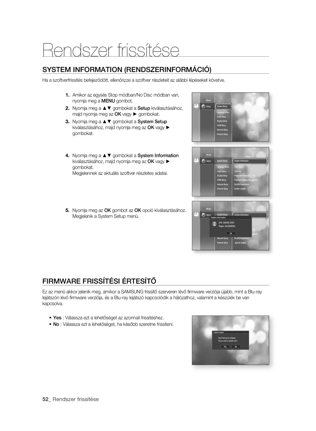 Samsung BD-P2500/XEF, BD-P2500/EDC, BD-P2500/XEE manual System Information Rendszerinformáció, Firmware Frissítési Értesítő 