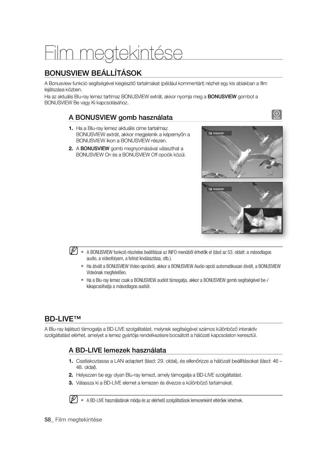 Samsung BD-P2500/XEF, BD-P2500/EDC Bonusview Beállítások, Bd-Live, Bonusview gomb használata, BD-LIVE lemezek használata 