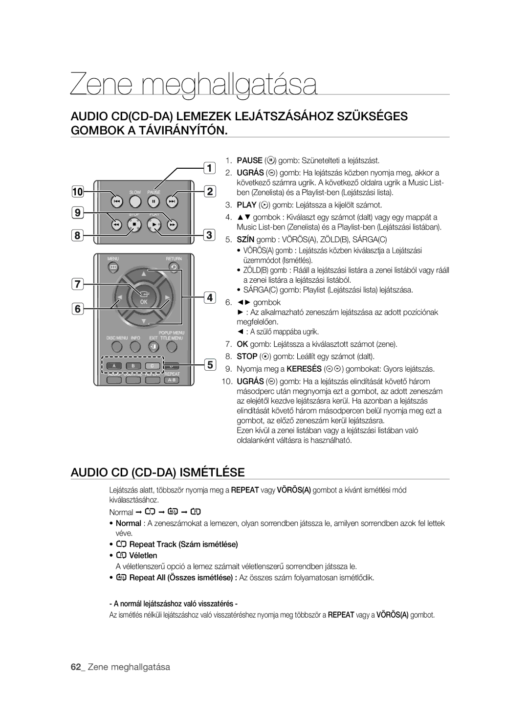 Samsung BD-P2500/XEE, BD-P2500/EDC, BD-P2500/XEF manual Audio CD CD-DA Ismétlése, Zene meghallgatása 