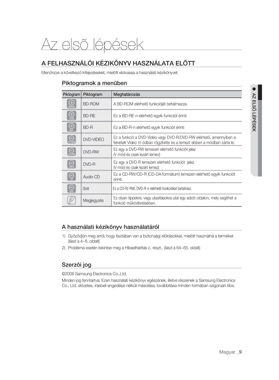 Samsung BD-P2500/EDC manual Az elsõ lépések, Felhasználói Kézikönyv Használata Előtt, Piktogramok a menüben, Szerzõi jog 