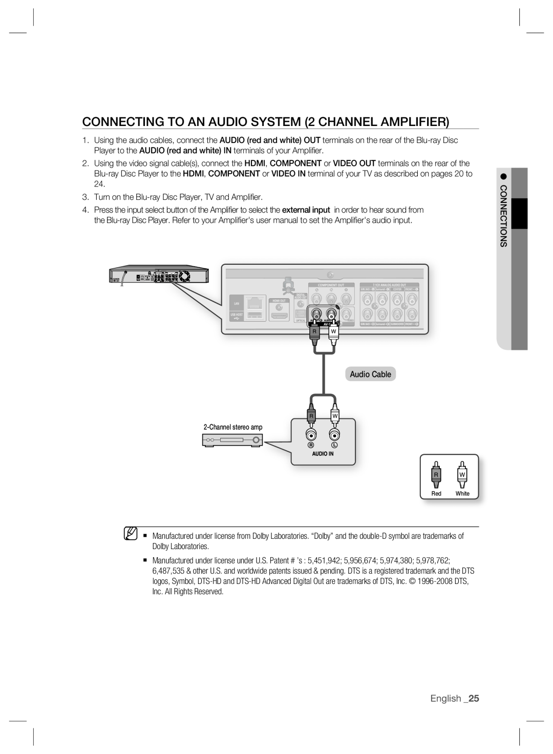 Samsung BD-P2500/XEF, BD-P2500/EDC manual CONNECTING TO AN AUDIO SYSTEM 2 CHANNEL AMPLIFIER, English, Channel stereo amp 