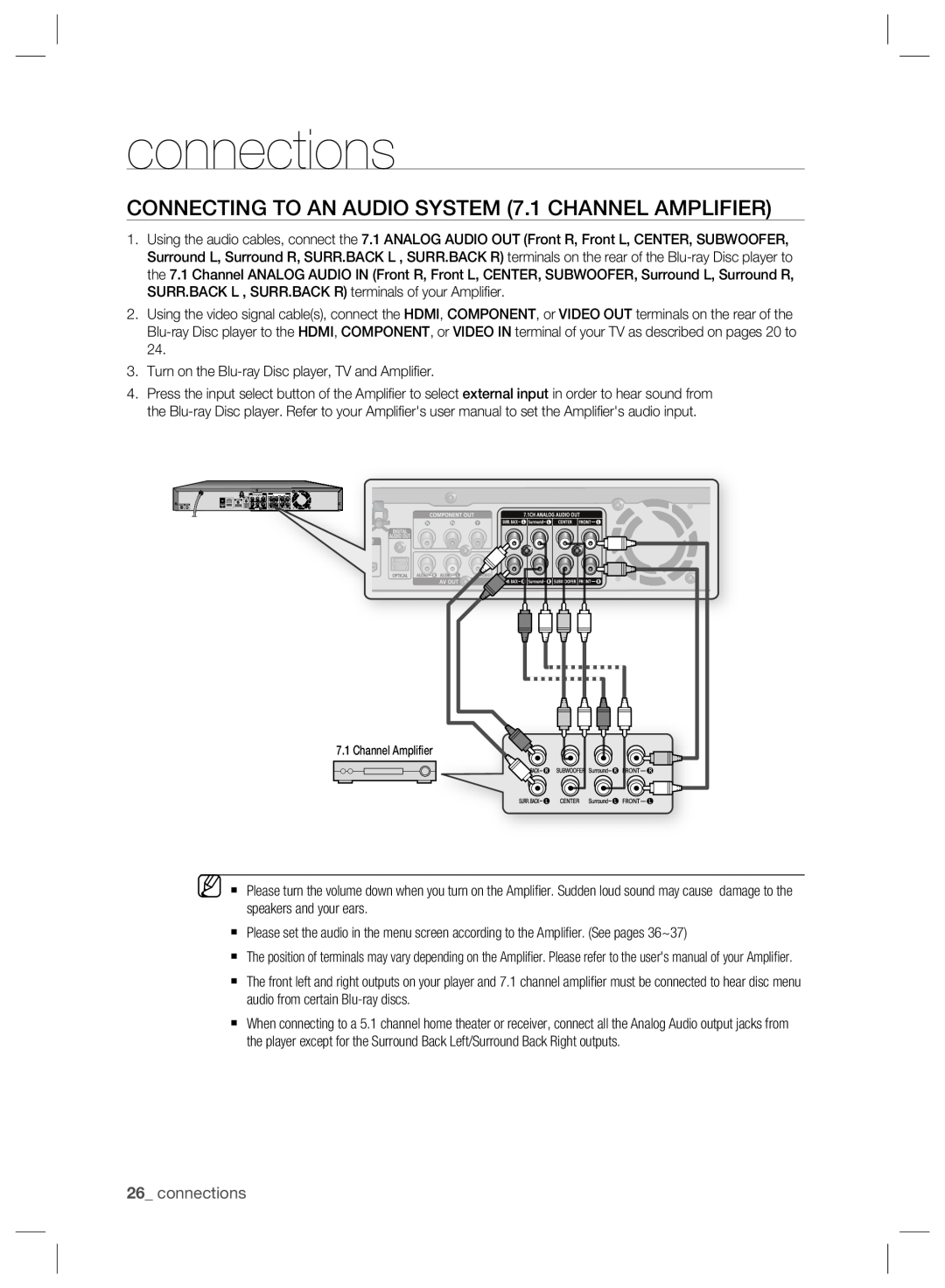 Samsung BD-P2500/XEE, BD-P2500/EDC, BD-P2500/XEF manual CONNECTING TO AN AUDIO SYSTEM 7.1 CHANNEL AMPLIFIER, connections 