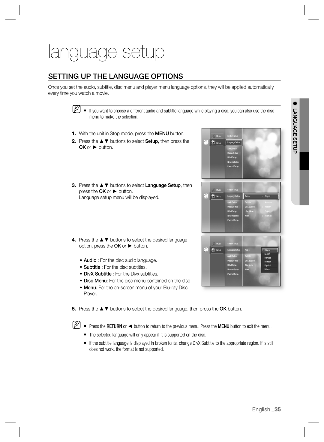 Samsung BD-P2500/XEE manual language setup, Setting Up The Language Options, English, option, press the OK or button 