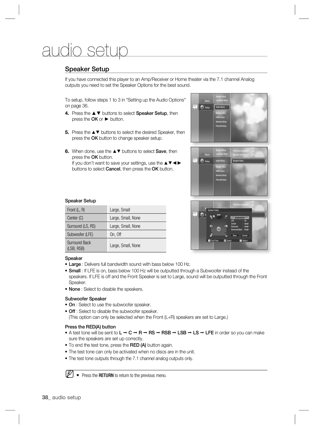 Samsung BD-P2500/XEE audio setup, on page, Press the buttons to select Speaker Setup, then, press the OK or button 