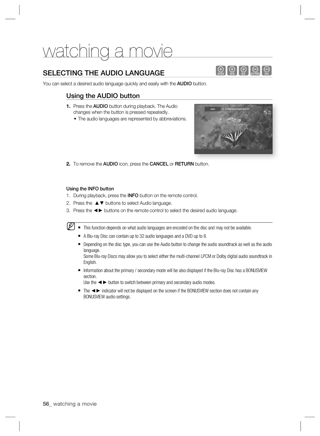 Samsung BD-P2500/XEE, BD-P2500/EDC manual hgfZD, Selecting The Audio Language, Using the AUDIO button, watching a movie 