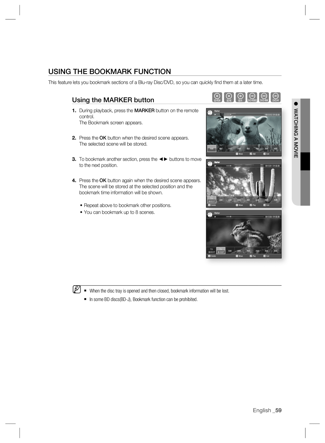 Samsung BD-P2500/XEE, BD-P2500/EDC, BD-P2500/XEF manual Using The Bookmark Function, Using the MARKER button, hgfZCV, English 