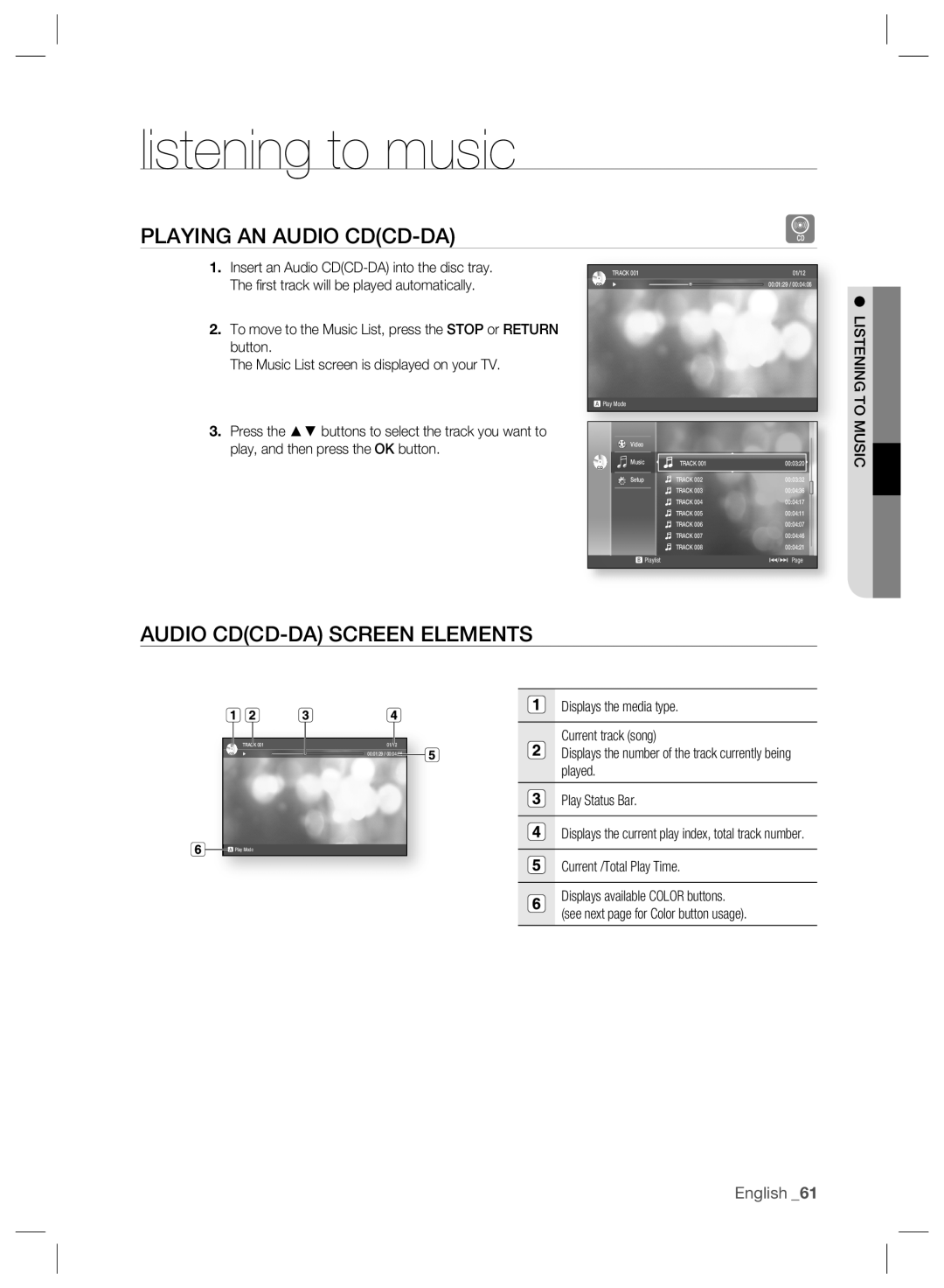 Samsung BD-P2500/XEF, BD-P2500/EDC listening to music, Playing An Audio Cdcd-Da, Audio Cdcd-Da Screen Elements, English 