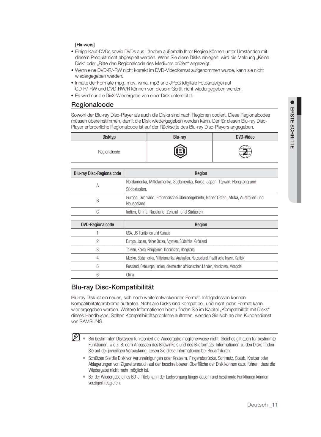 Samsung BD-P2500/XEF, BD-P2500/EDC manual Regionalcode, Blu-ray Disc-Kompatibilität 