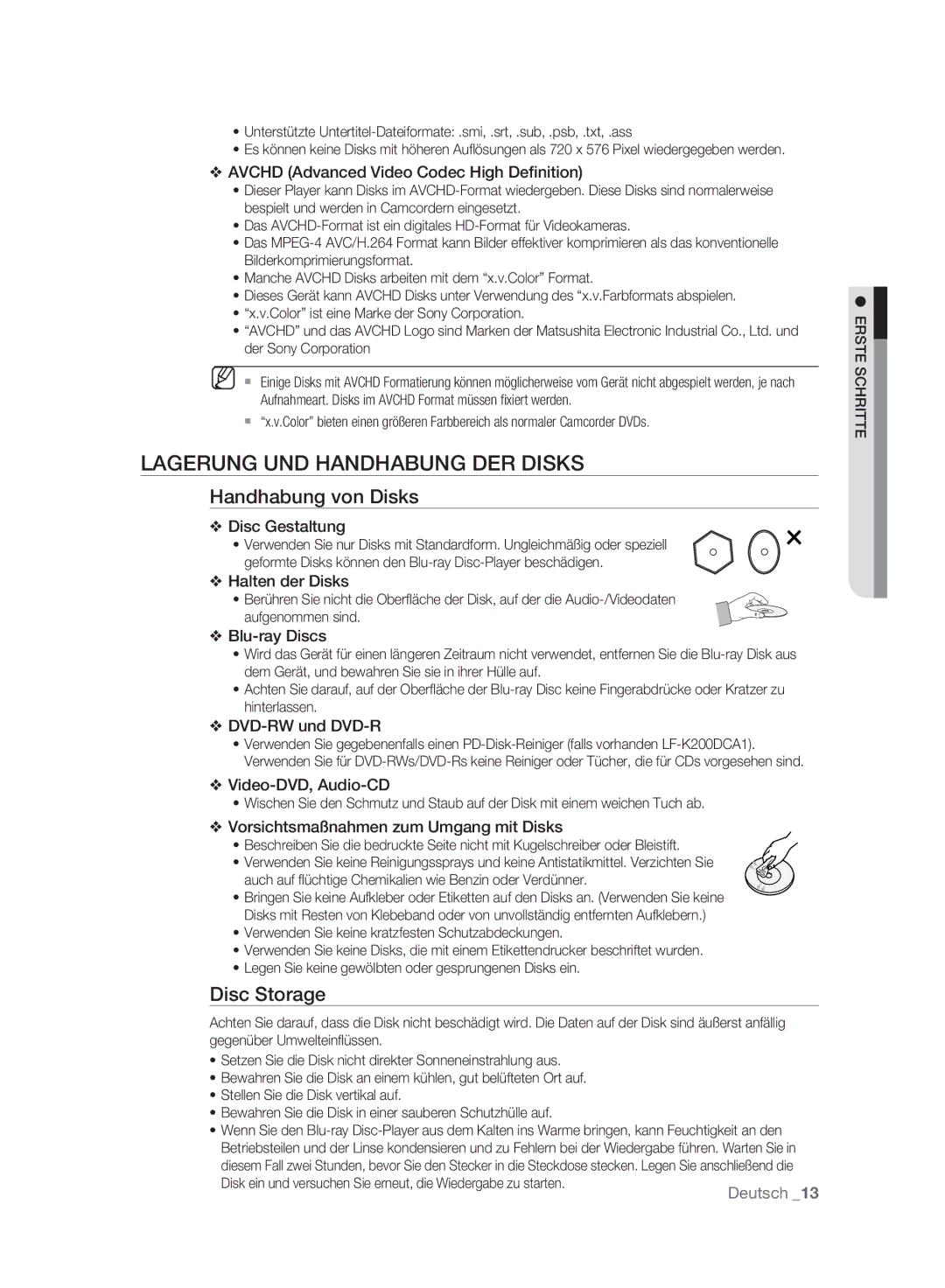 Samsung BD-P2500/XEF, BD-P2500/EDC manual Lagerung UND Handhabung DER Disks, Handhabung von Disks, Disc Storage 