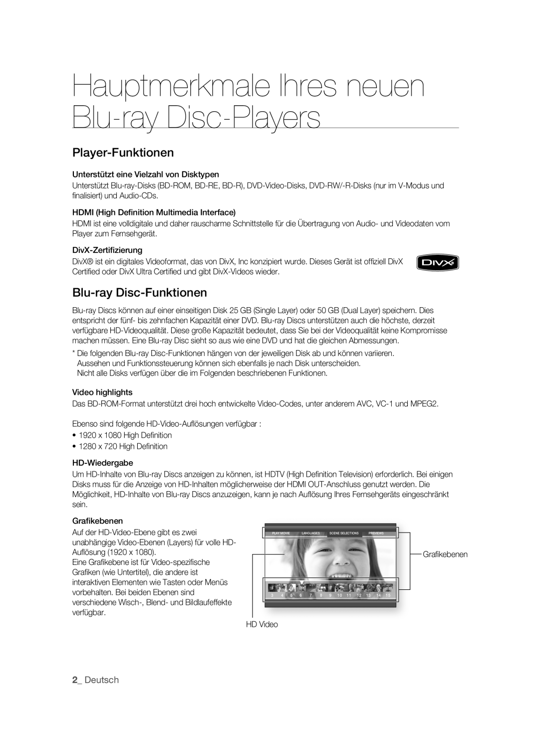 Samsung BD-P2500/EDC, BD-P2500/XEF manual Hauptmerkmale Ihres neuen Blu-ray Disc-Players, HD Video Graﬁkebenen 