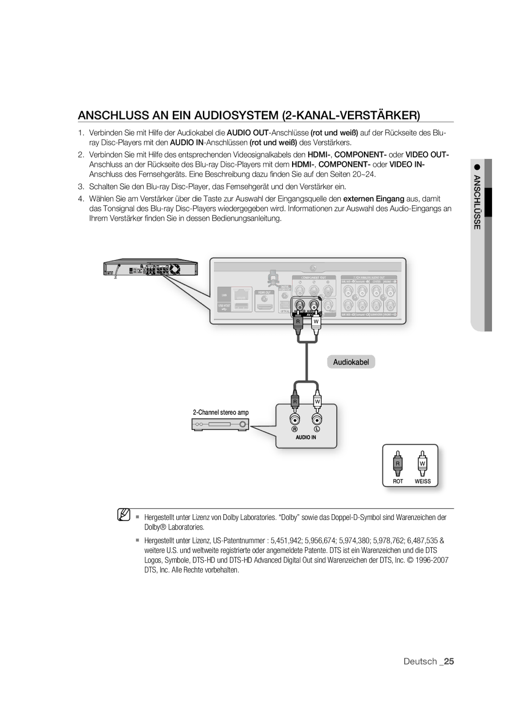 Samsung BD-P2500/XEF, BD-P2500/EDC manual Anschluss AN EIN Audiosystem 2-KANAL-VERSTÄRKER 