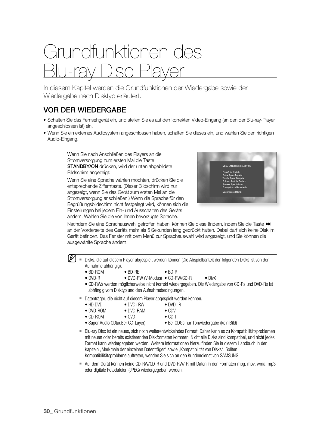 Samsung BD-P2500/EDC, BD-P2500/XEF manual Grundfunktionen des Blu-ray Disc Player, VOR DER Wiedergabe, Bd-Re Dvd-R, Cd-I 