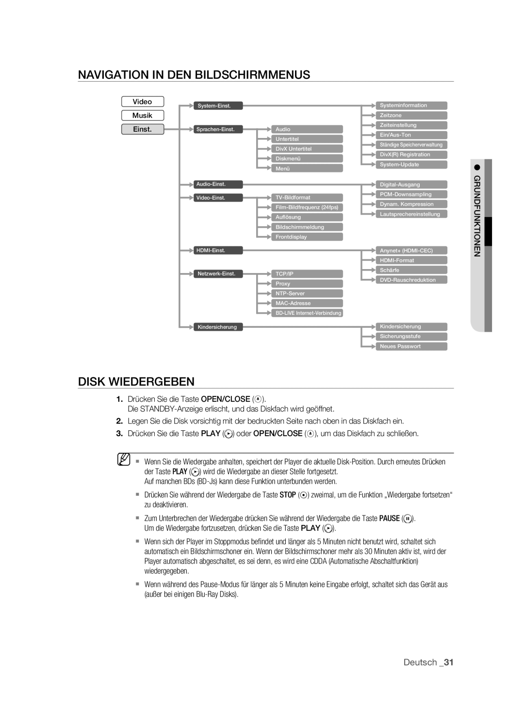 Samsung BD-P2500/XEF, BD-P2500/EDC manual Navigation in DEN Bildschirmmenus, Disk Wiedergeben, Grundfunktionen 