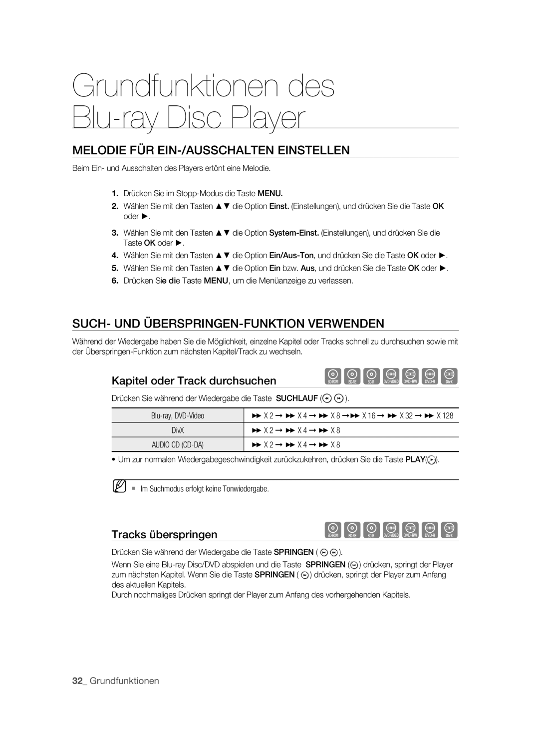 Samsung BD-P2500/EDC, BD-P2500/XEF manual Melodie FÜR EIN-/AUSSCHALTEN Einstellen, SUCH- UND ÜBERSPRINGEN-FUNKTION Verwenden 