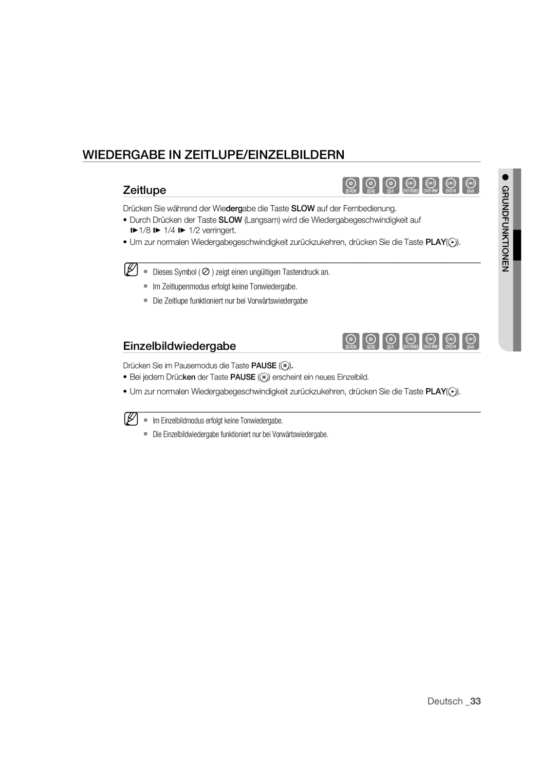 Samsung BD-P2500/XEF, BD-P2500/EDC manual Wiedergabe in ZEITLUPE/EINZELBILDERN, Zeitlupe, EinzelbildwiedergabehgfZCVD 