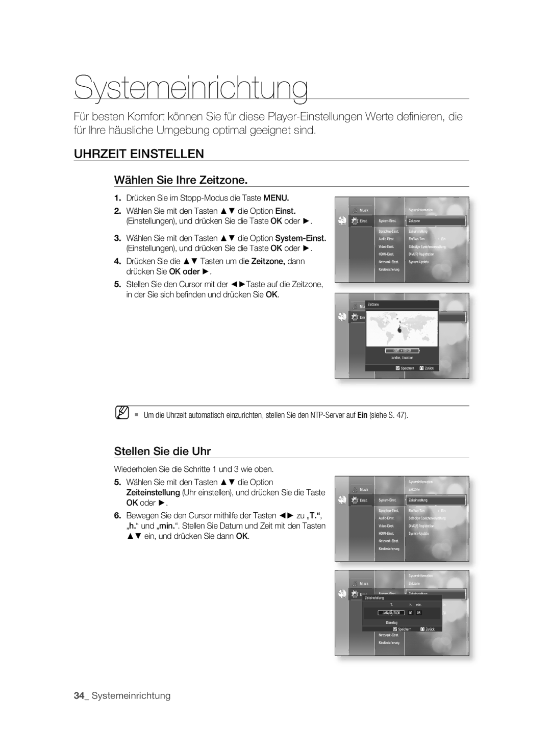 Samsung BD-P2500/EDC, BD-P2500/XEF Systemeinrichtung, Uhrzeit Einstellen, Wählen Sie Ihre Zeitzone, Stellen Sie die Uhr 