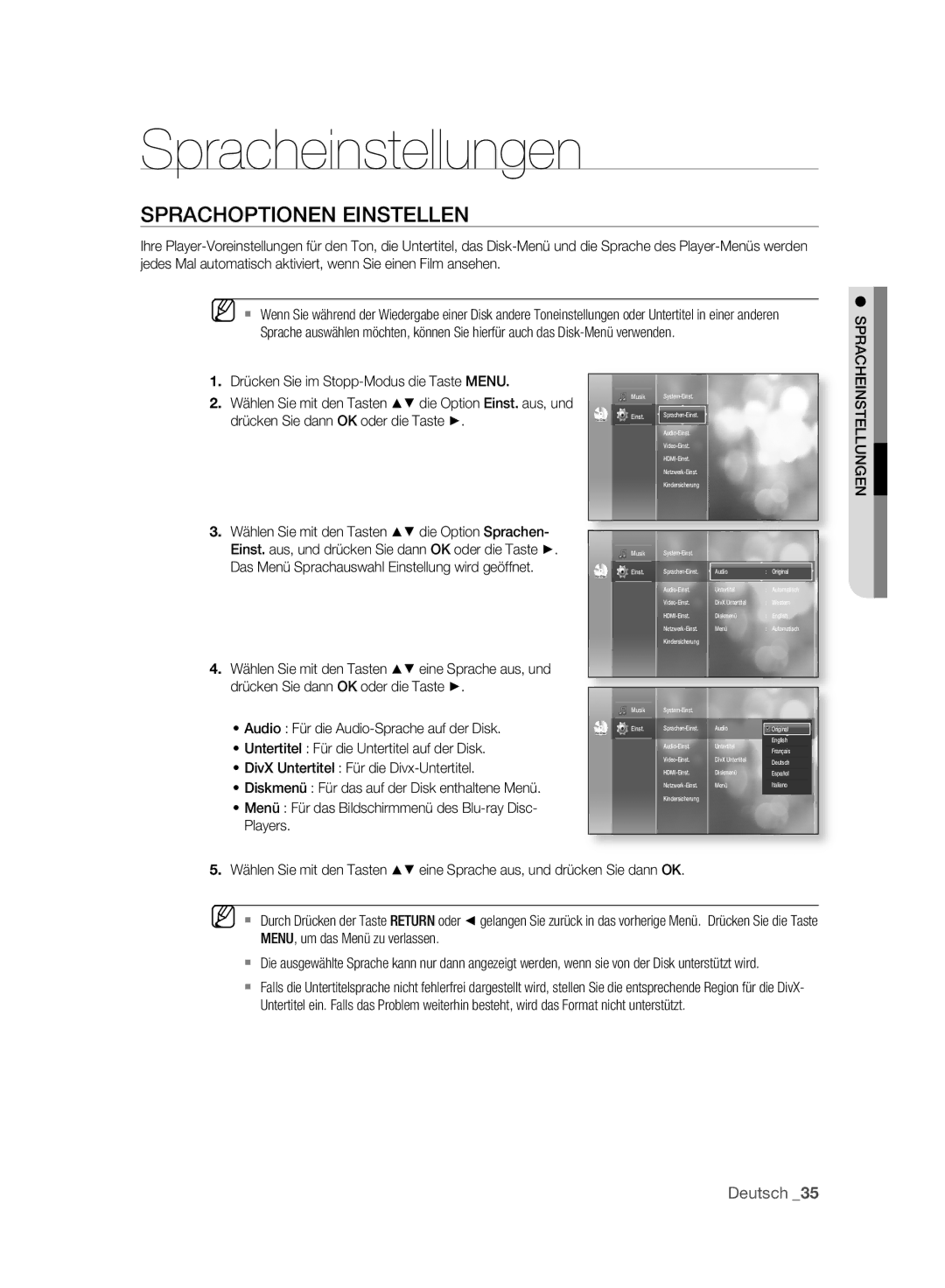 Samsung BD-P2500/XEF, BD-P2500/EDC manual Spracheinstellungen, Sprachoptionen Einstellen, Drücken Sie dann OK oder die Taste 