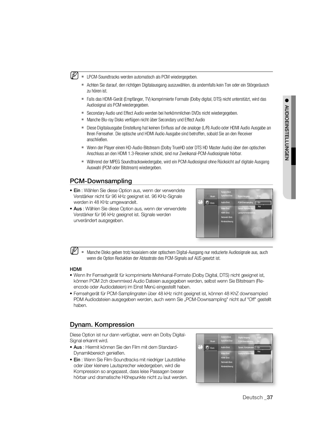 Samsung BD-P2500/XEF, BD-P2500/EDC manual PCM-Downsampling, Dynam. Kompression, Hdmi, Audioeinstellungen 