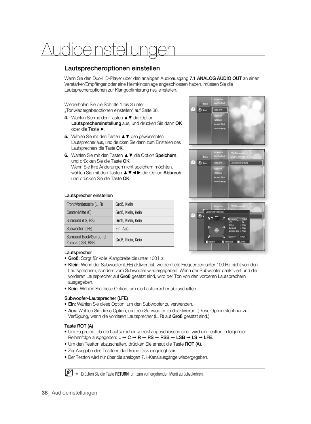 Samsung BD-P2500/EDC, BD-P2500/XEF manual Lautsprecheroptionen einstellen, Groß, Klein, Zurück LSB, RSB 