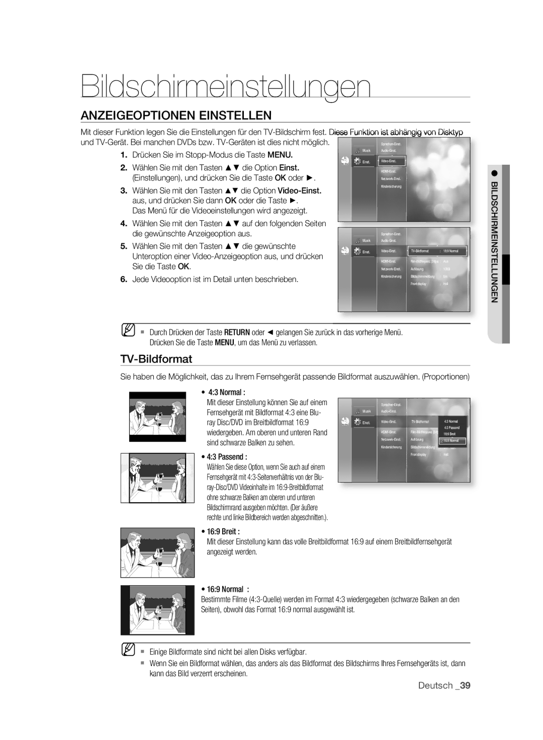 Samsung BD-P2500/XEF, BD-P2500/EDC manual Bildschirmeinstellungen, Anzeigeoptionen Einstellen, TV-Bildformat 