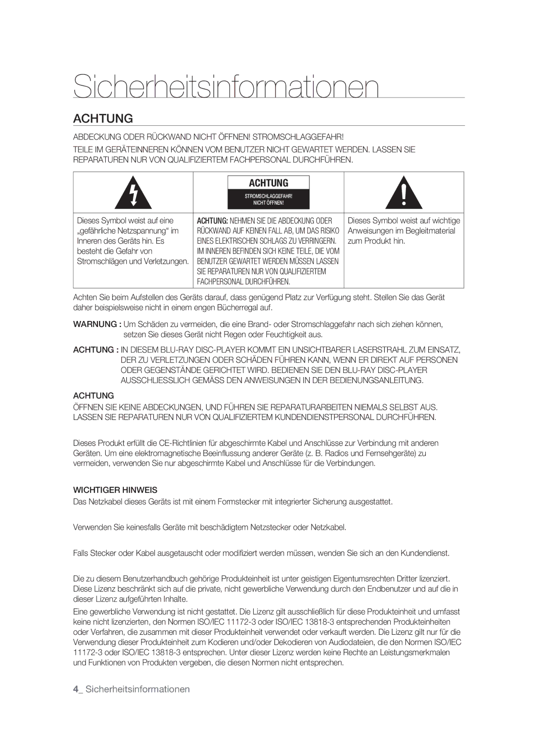 Samsung BD-P2500/EDC, BD-P2500/XEF manual Sicherheitsinformationen, Achtung 