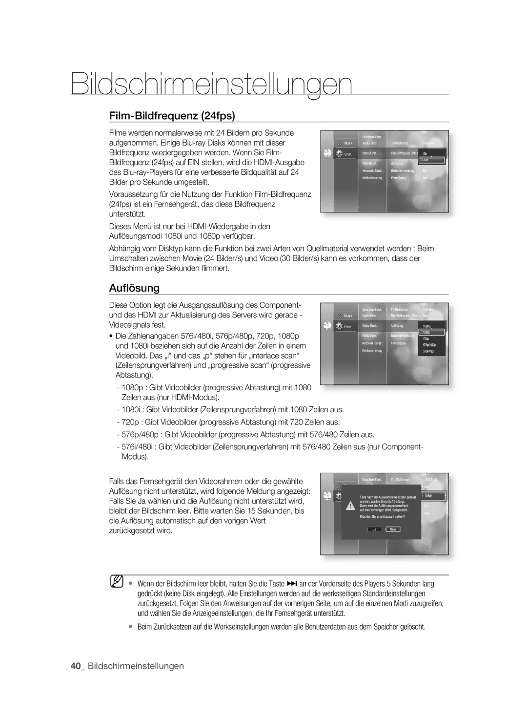 Samsung BD-P2500/EDC manual Auﬂösung, Aufgenommen. Einige Blu-ray Disks können mit dieser, Bilder pro Sekunde umgestellt 