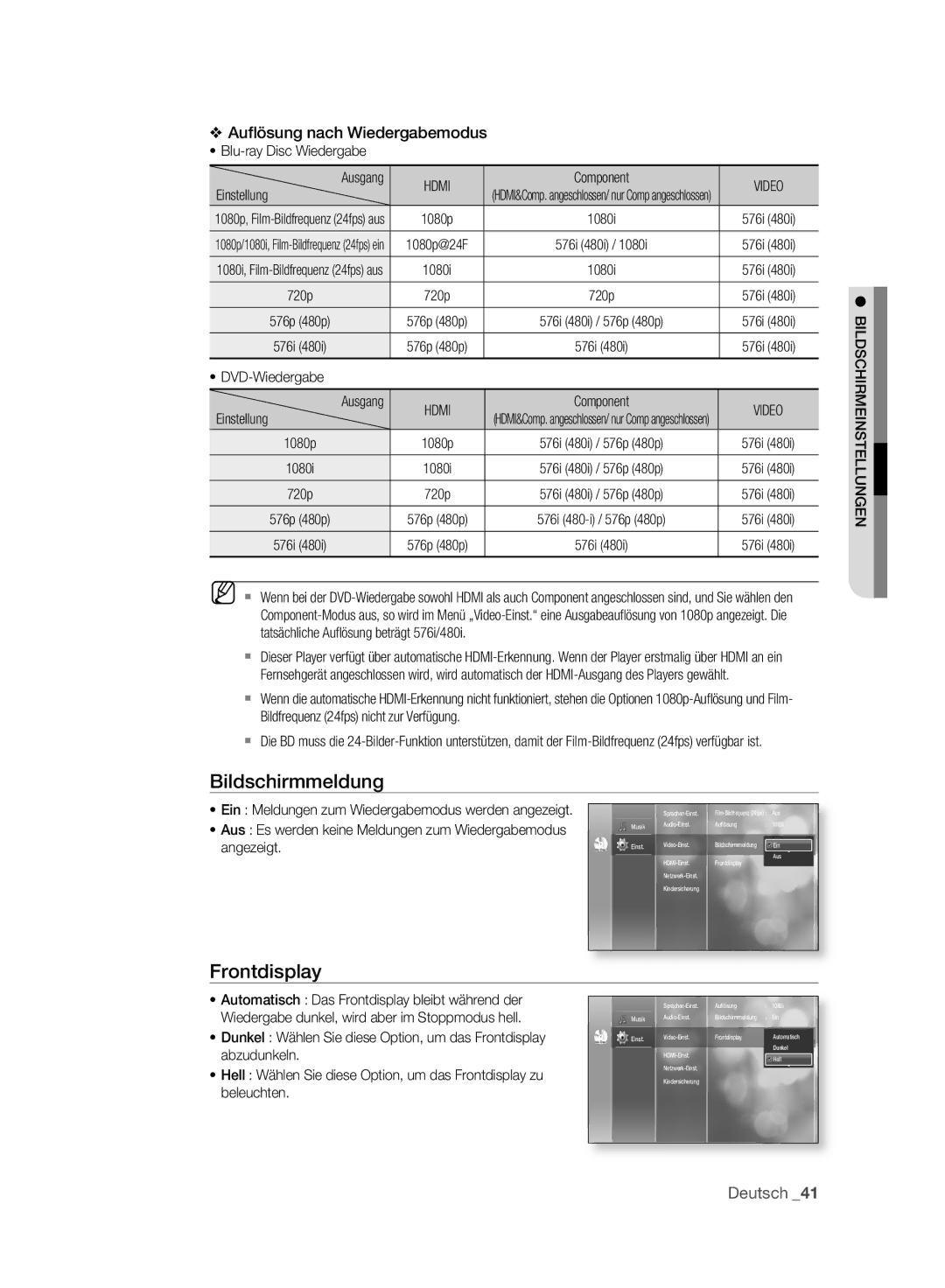 Samsung BD-P2500/XEF, BD-P2500/EDC manual Bildschirmmeldung, Frontdisplay, Video, Bildschirmeinstellungen 