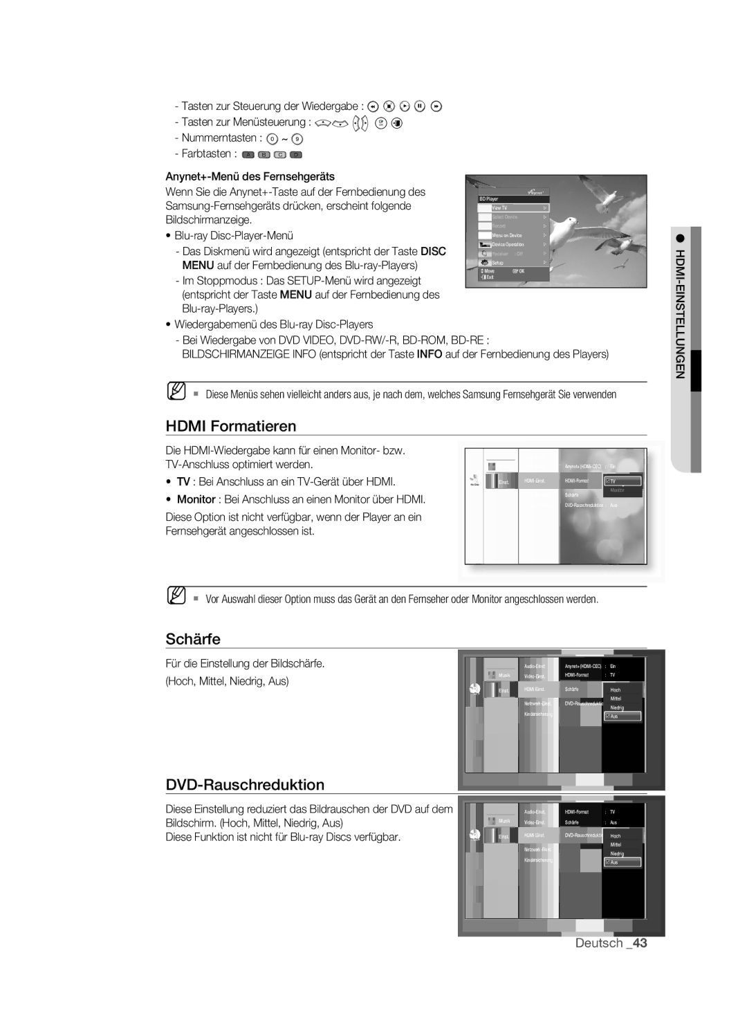 Samsung BD-P2500/XEF, BD-P2500/EDC manual Hdmi Formatieren, Schärfe, DVD-Rauschreduktion, Hdmi-Einstellungen 