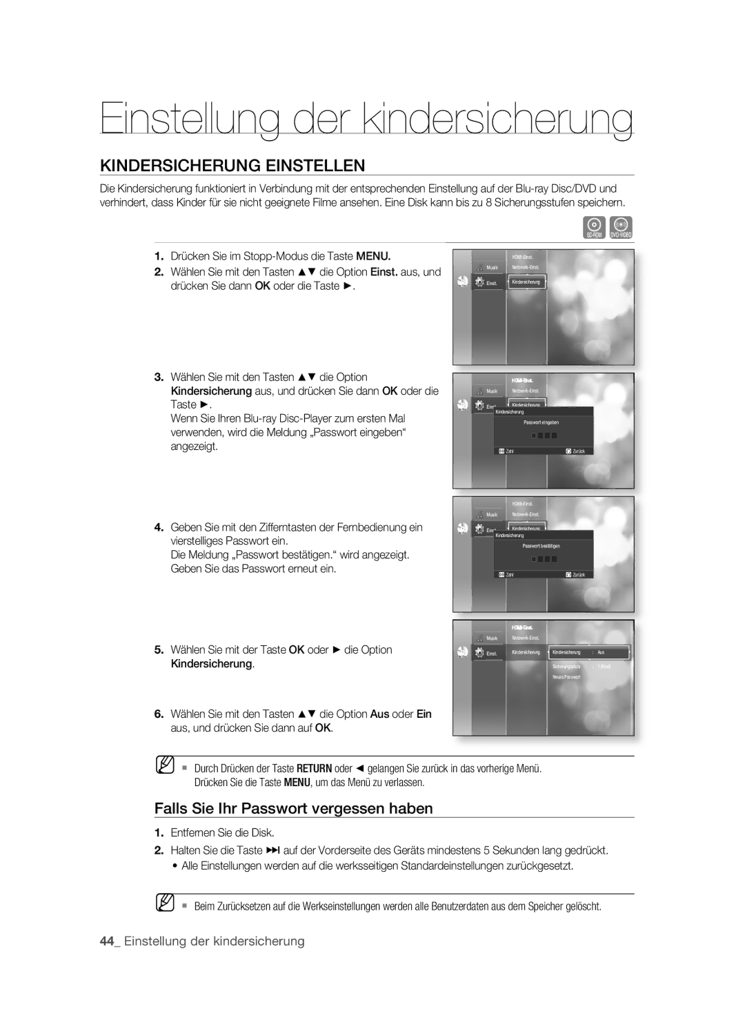 Samsung BD-P2500/EDC, BD-P2500/XEF manual Kindersicherung Einstellen, Falls Sie Ihr Passwort vergessen haben 