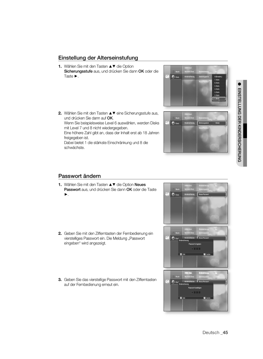 Samsung BD-P2500/XEF, BD-P2500/EDC manual Einstellung der Alterseinstufung, Passwort ändern 