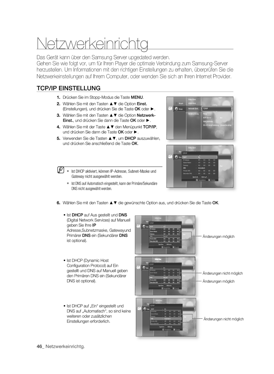 Samsung BD-P2500/EDC manual Netzwerkeinrichtg, TCP/IP Einstellung, Das Gerät kann über den Samsung Server upgedated werden 