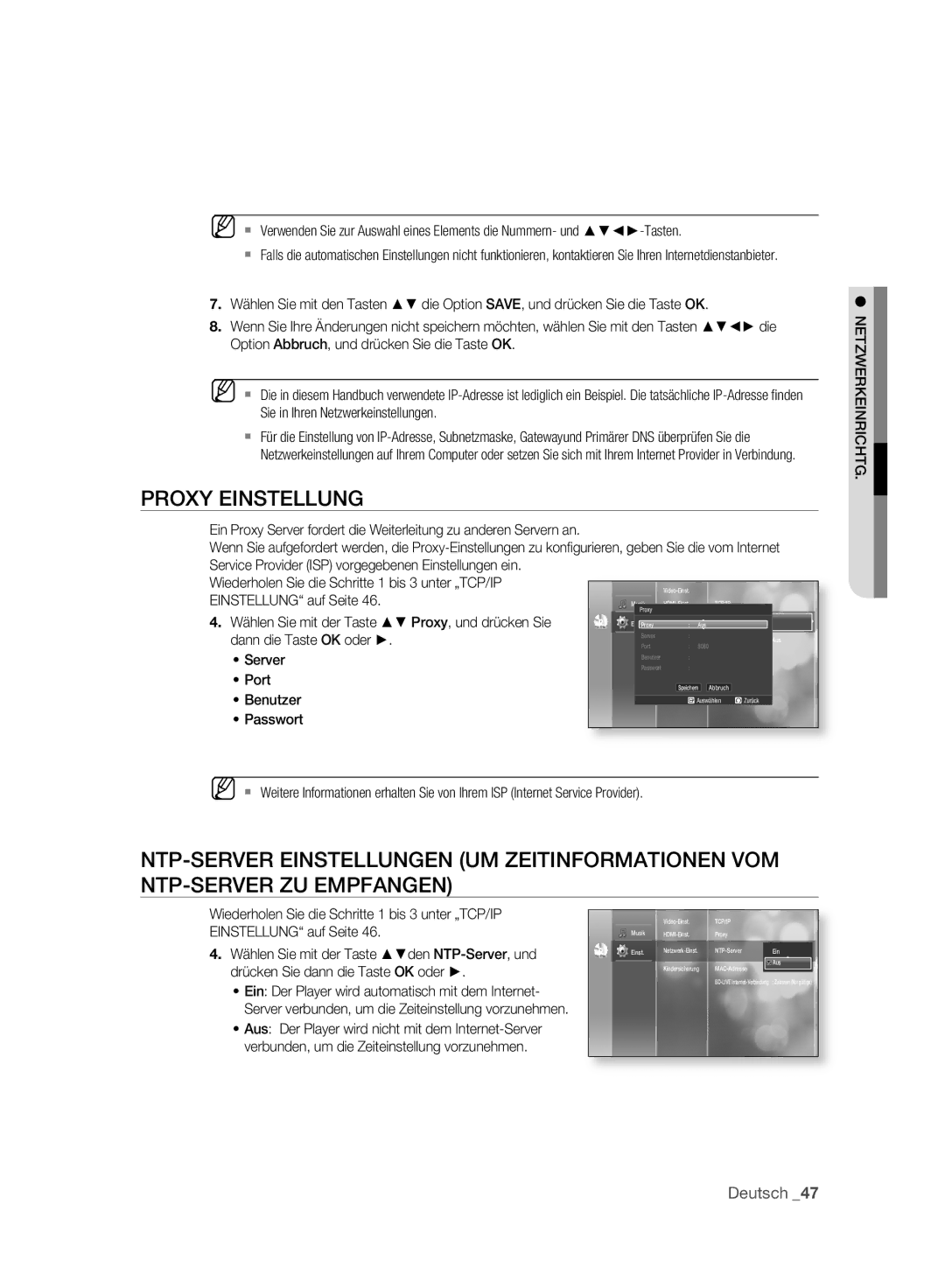 Samsung BD-P2500/XEF, BD-P2500/EDC manual Proxy Einstellung, Netzwerkeinrichtg 