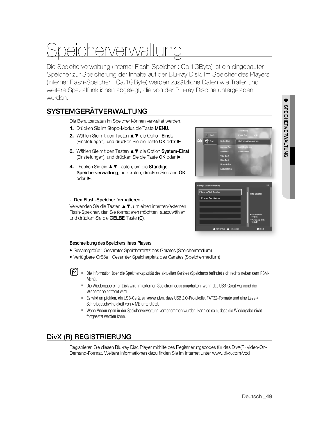 Samsung BD-P2500/XEF, BD-P2500/EDC manual Speicherverwaltung, Systemgerätverwaltung 