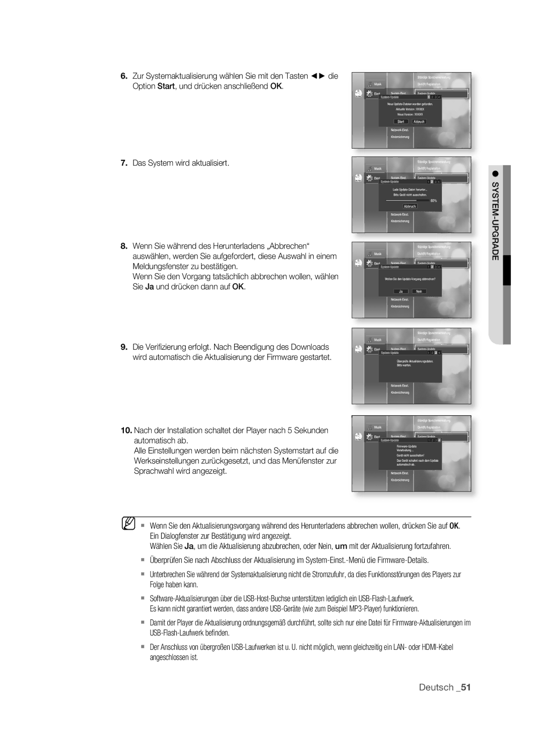 Samsung BD-P2500/XEF, BD-P2500/EDC Das System wird aktualisiert, System-Upgrade, Automatisch ab, Sprachwahl wird angezeigt 