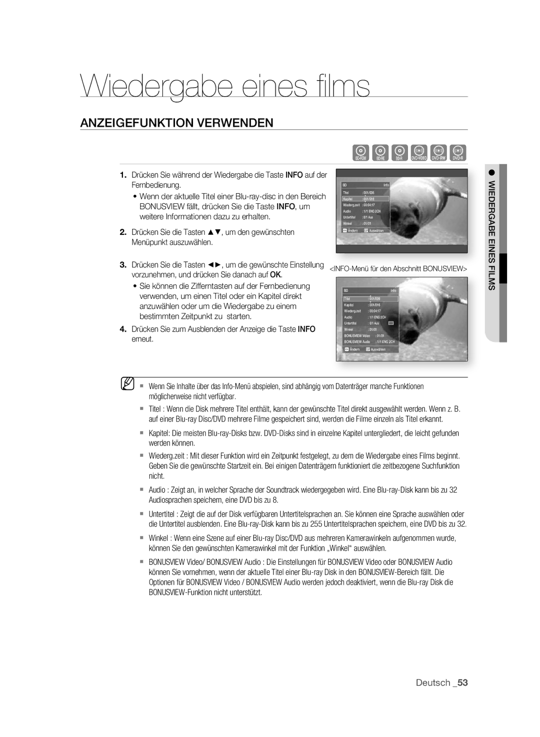 Samsung BD-P2500/XEF, BD-P2500/EDC manual Wiedergabe eines ﬁ lms, Anzeigefunktion Verwenden, Wiedergabe Eines Films 