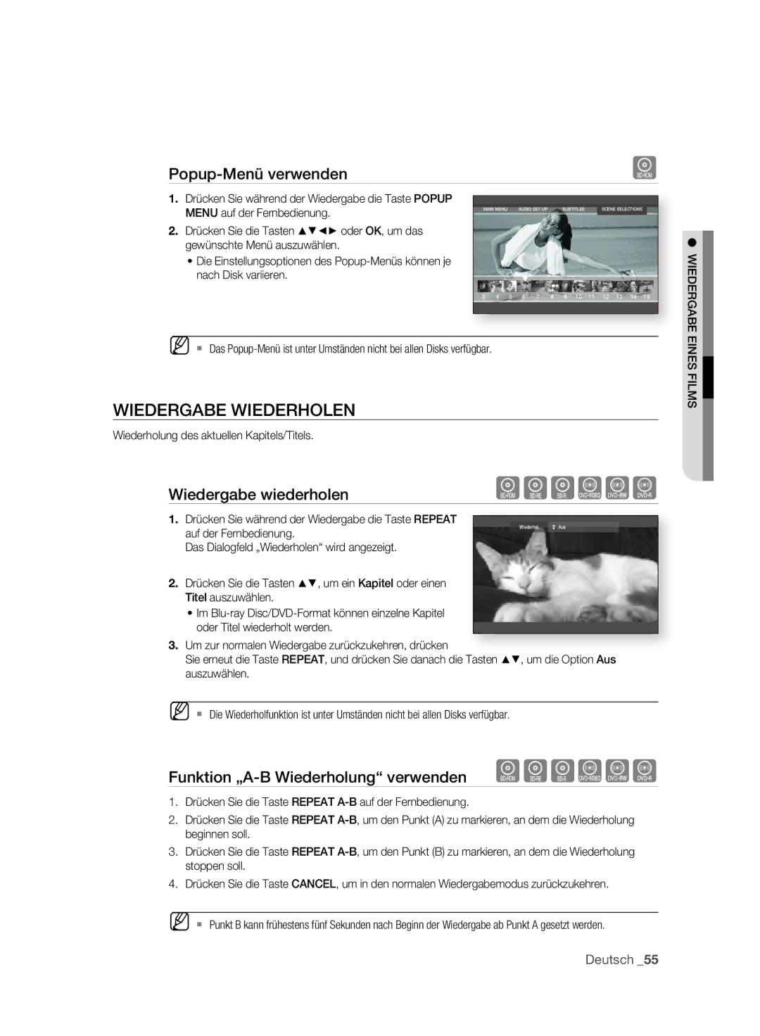 Samsung BD-P2500/XEF, BD-P2500/EDC manual Wiedergabe Wiederholen, Popup-Menü verwenden, Wiedergabe wiederholen, Eines Films 