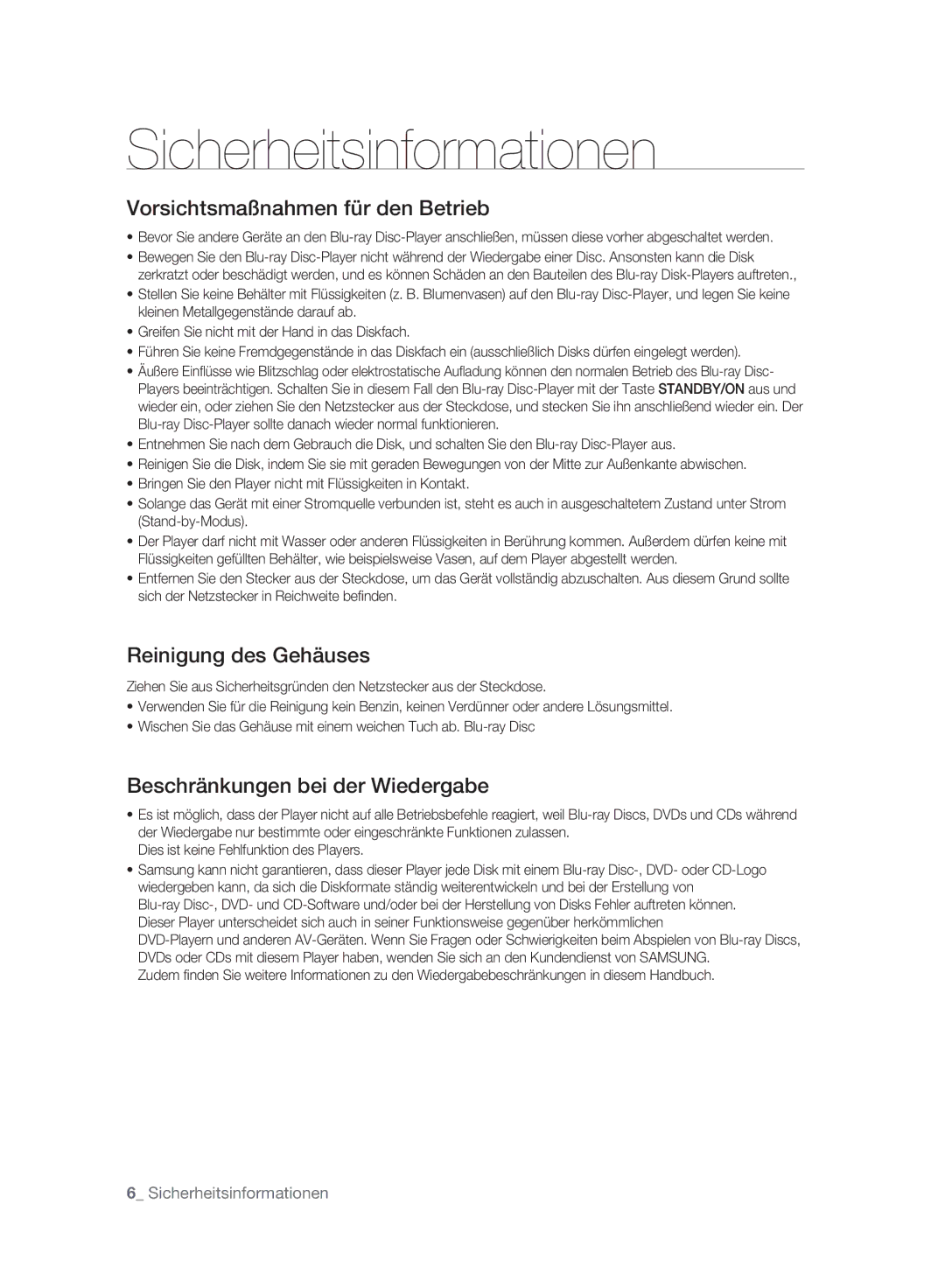 Samsung BD-P2500/EDC, BD-P2500/XEF manual Vorsichtsmaßnahmen für den Betrieb 